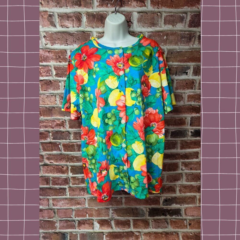 Vintage 80s Women's CAPE COD Floral Fruit Button‎ Down Blouse Top 22W